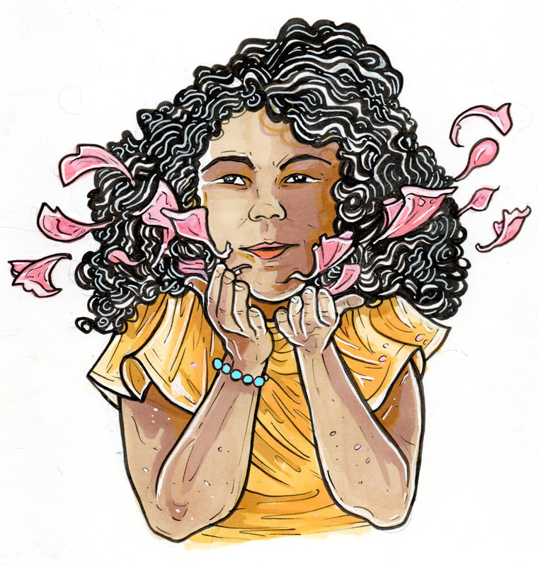 A young person of color with black curly hair and a yellow shirt blowing petals in the air.
