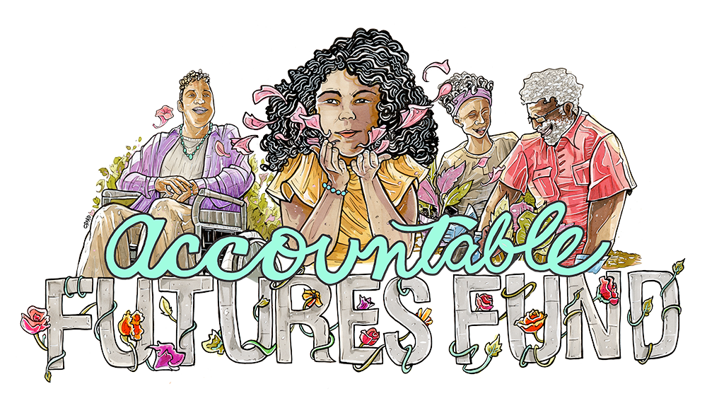 The Accountable Futures Fund logo, illustrated by Cristy C Road. A young girl is blowing flowers with various people of different ages and abilities behind her, in community.