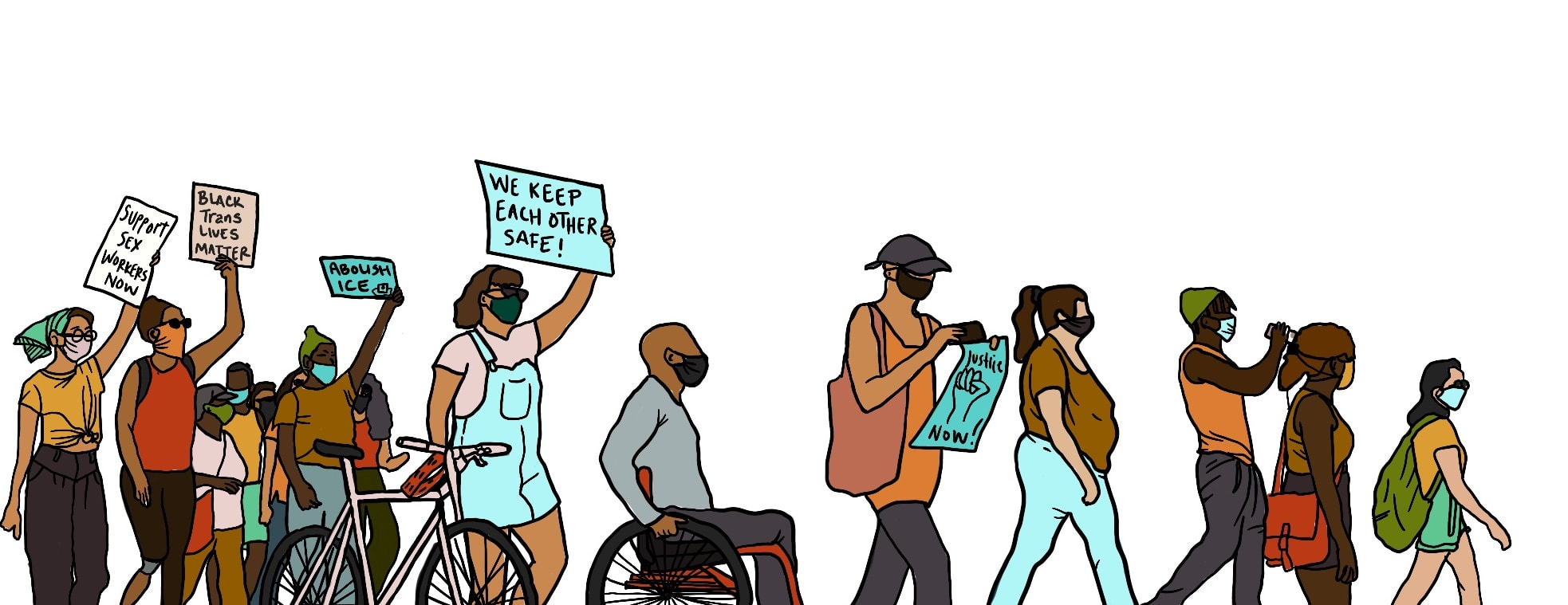 An illustration of various people marching in one direction on a white background. One person in the middle of the crowd is walking with a bike and one person rolling themselves in a wheelchair. Everyone is wearing face masks and some people are holding signs that read 