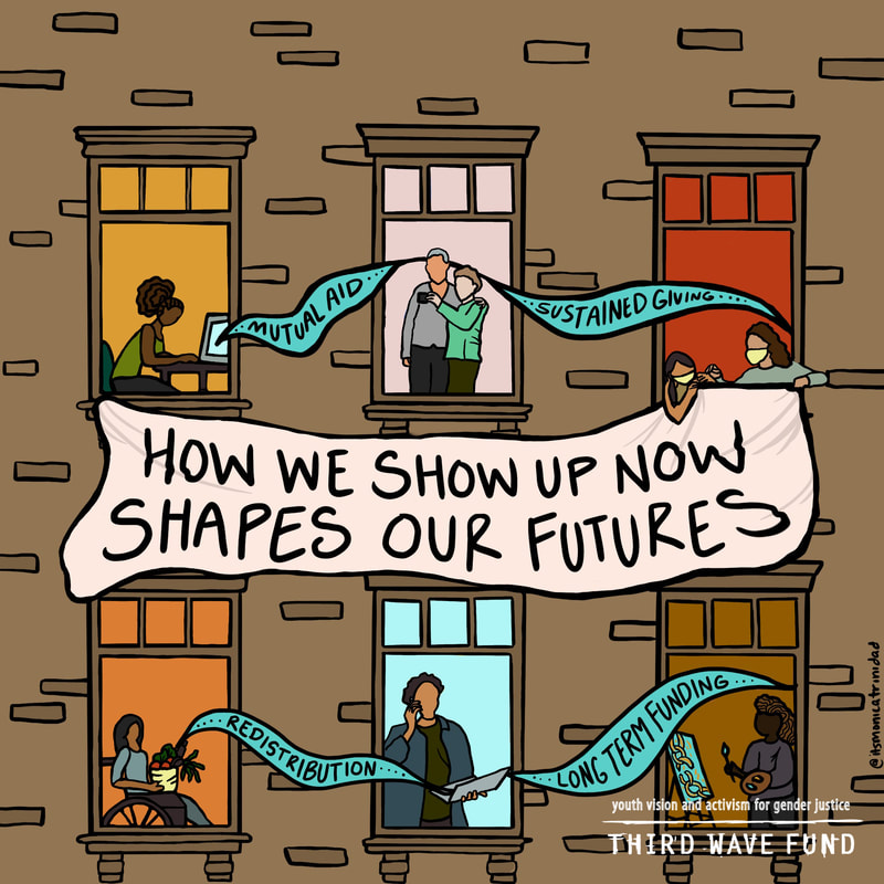 An illustration of an apartment building that has six windows with people taking various actions at home to support their community. Two people on each side of the building hold a banner that says 
