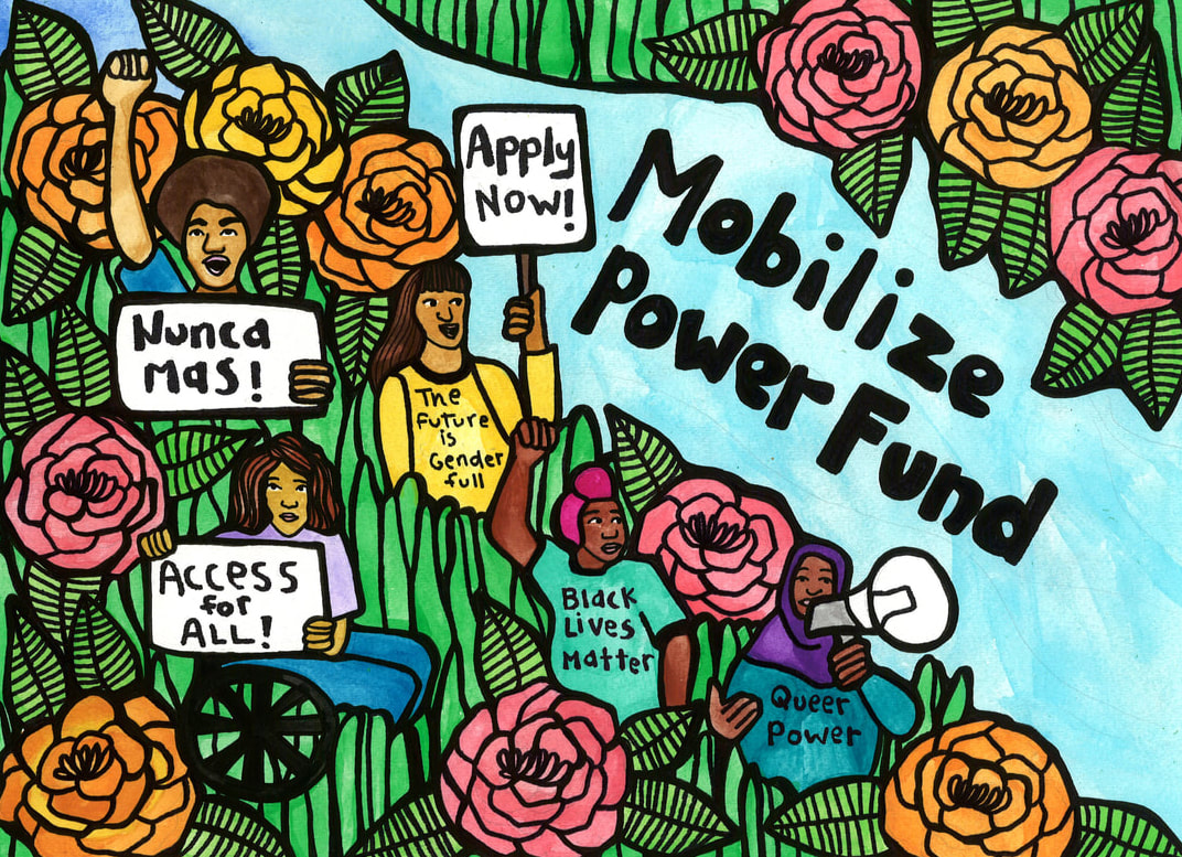 The Mobilize Power Fund logo, featuring illustrated pink, yellow, and orange flowers, a light blue river, and people scattered amidst the flowers holding protesting signs. Artwork by Francis Mead.