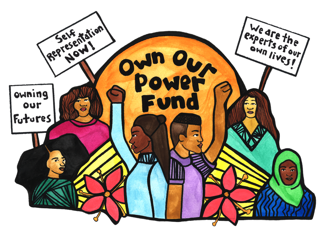 The Own Our Power Fund logo, which is a formation of people with protest signs and their fists up around a rising sun.