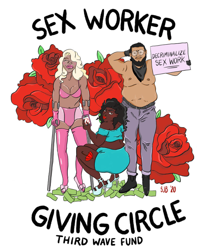The Sex Worker Giving Circle logo, which is three illustrated sex workers of various diverse backgrounds with the words Sex Worker Giving Circle around them. Illustrated by JB Brager.