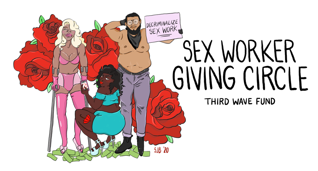 Three BIPOC people of different genders, sizes, and skin tones are standing or squatting defiantly in front of four red roses. The words “Sex Worker Giving Circle” and “Third Wave Fund” appear in black at right. One person in pink clothing stands with walking forearm crutches, another person wearing black pants and bandana stands with their shirt off and holds a sign that reads “Decriminalize SW”, and the third person squats between them in teal high heels and a miniskirt, with a red umbrella tattoo on their leg and a phone in their hand.