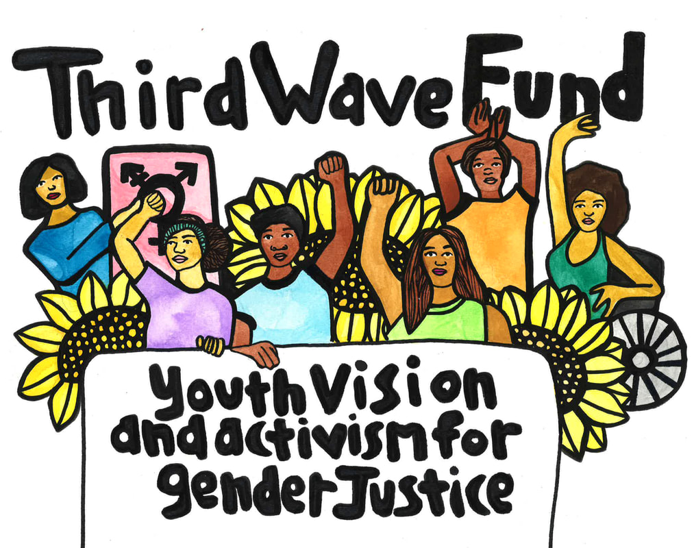 An illustration of young people with their fists up and holding a white banner that says 